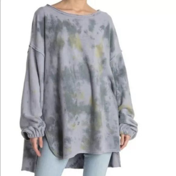 Free People Sweatshirt Someday Pullover Tie Dye Blue Gray Fleece Oversize - Picture 2 of 5